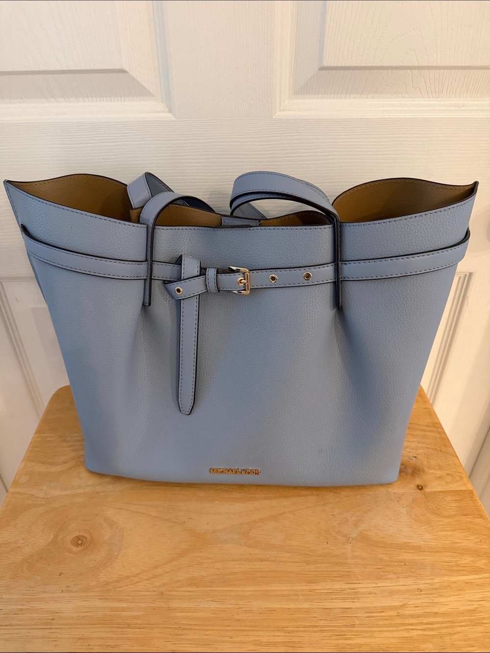 Michael Kors Periwinkle Blue Pebbled Leather Tote with Belt Detail